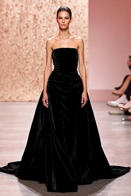 Simple Black Strapless Velvet A Line Long Evening Dress