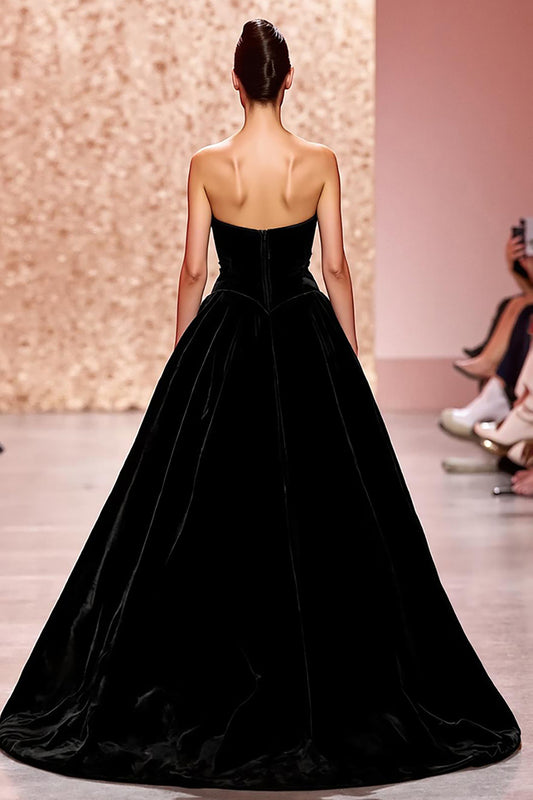Simple Black Strapless Velvet A Line Long Evening Dress