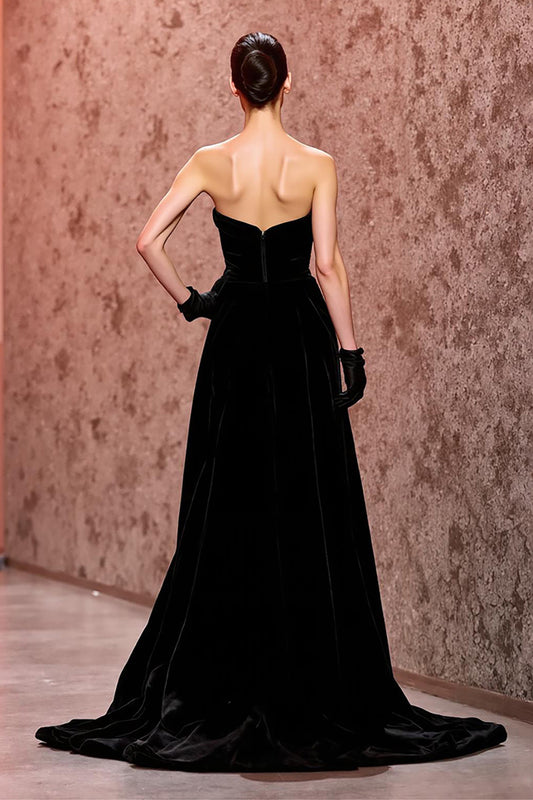 Simple Black Velvet Strapless Long Evening Dress with Slit