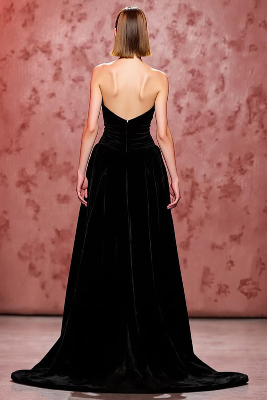 Simple Black Velvet Long Strapless Evening Dress with Slit