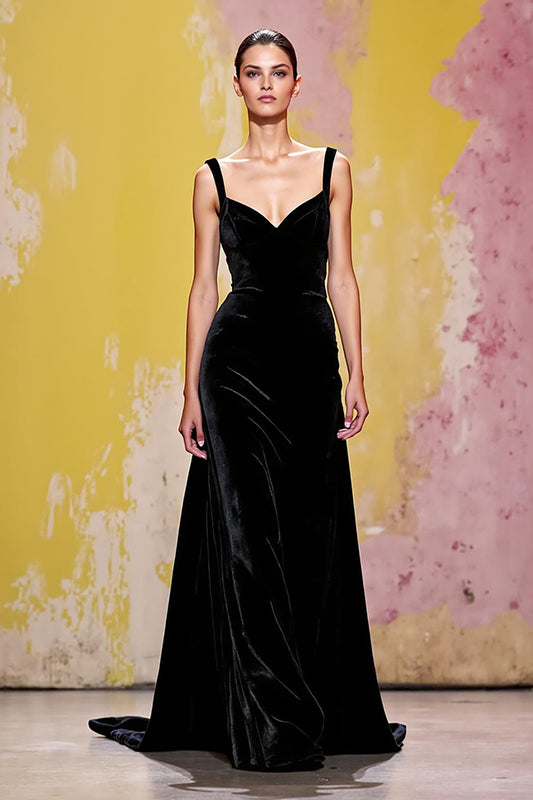 Simple Black Velvet Long Sheath Evening Dress