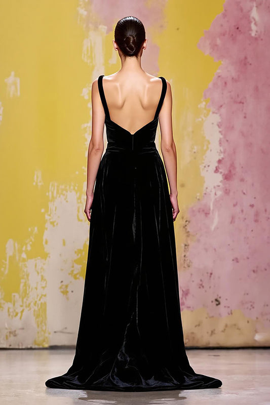 Simple Black Velvet Long Sheath Evening Dress