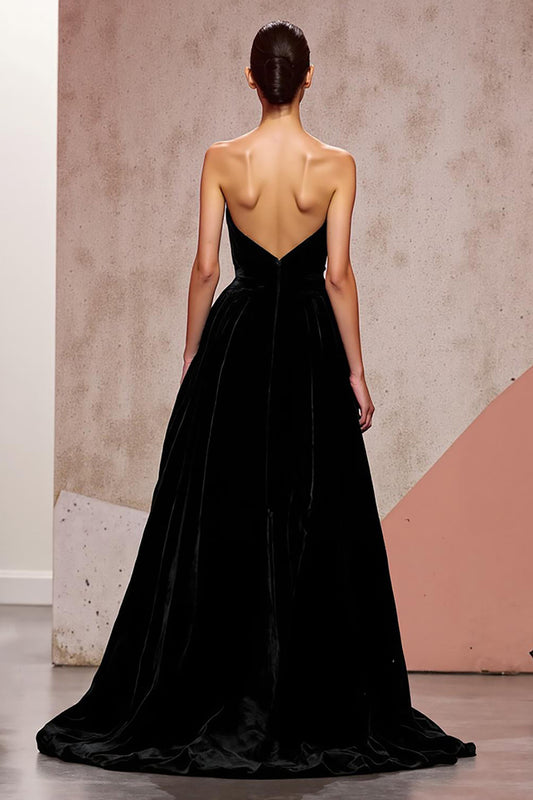 Simple Black Velvet Backless Long Evening Dress