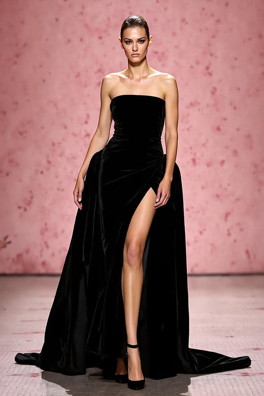 Simple Black A Line Velvet Strapless Long Evening Dress with Slit