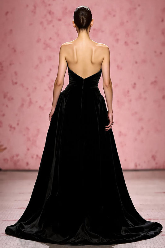 Simple Black A Line Velvet Strapless Long Evening Dress with Slit