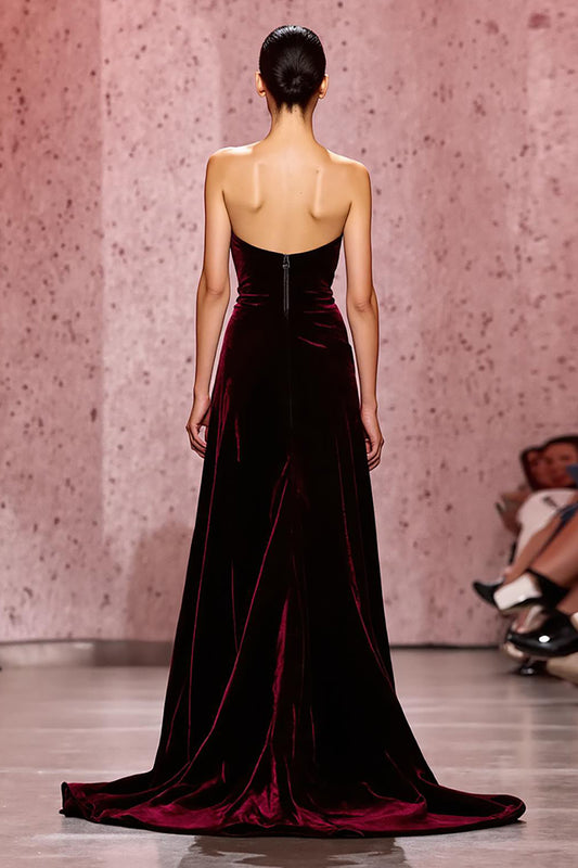 Dark Red Strapless Velvet Long Sheath Evening Dress