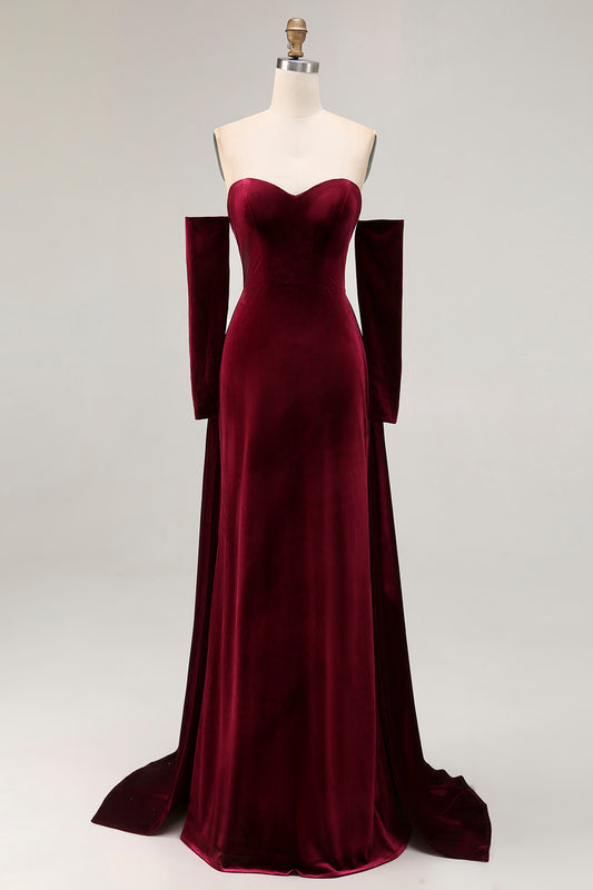 Dark Red Velvet Off the Shoulder A Line Long Evening Dress with Sleeves
