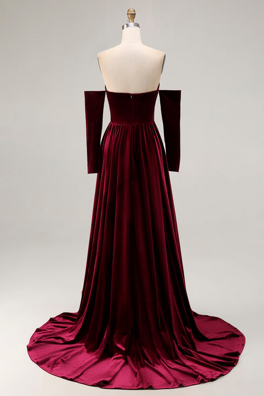 Dark Red Velvet Off the Shoulder A Line Long Evening Dress with Sleeves