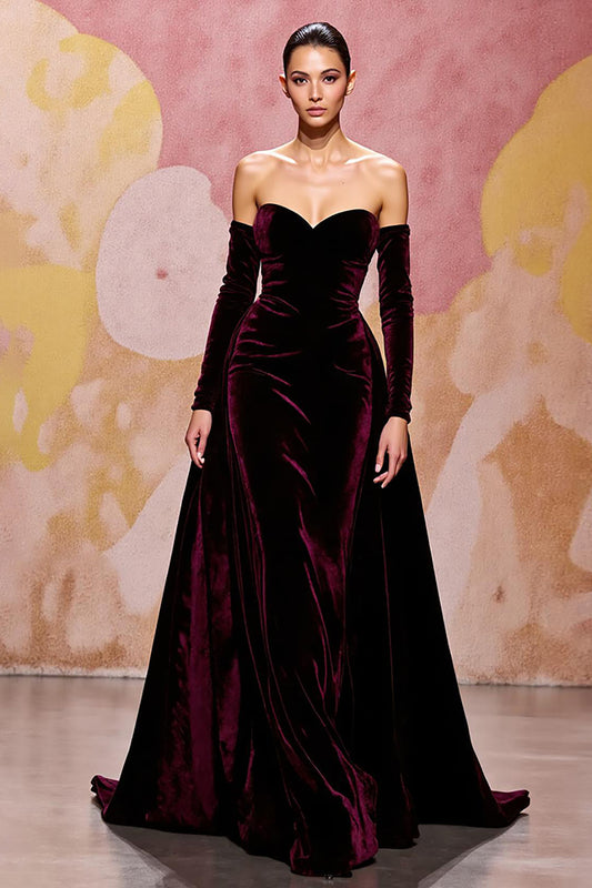 Dark Red Velvet Long Evening Dress A Line Sweetheart Gala Dress