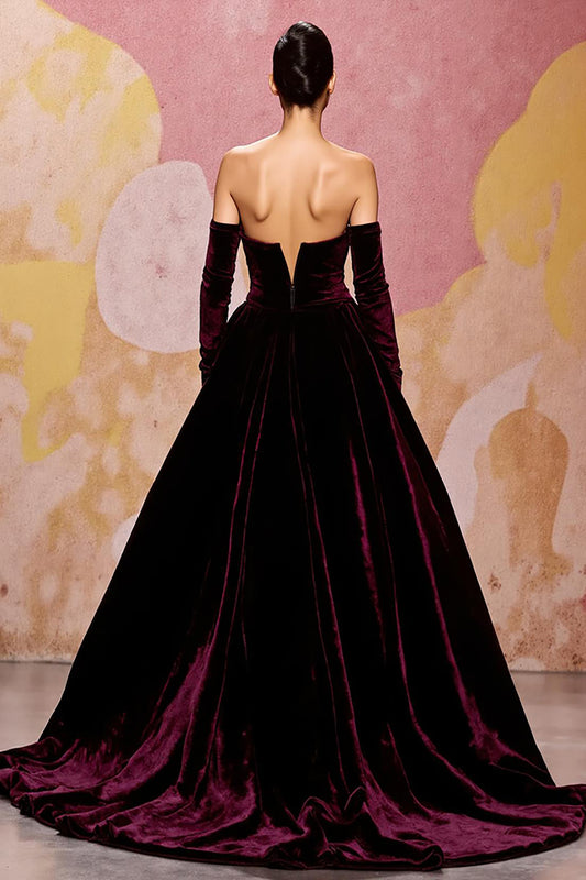 Dark Red Velvet A Line Long Off the Shoulder Evening Dress