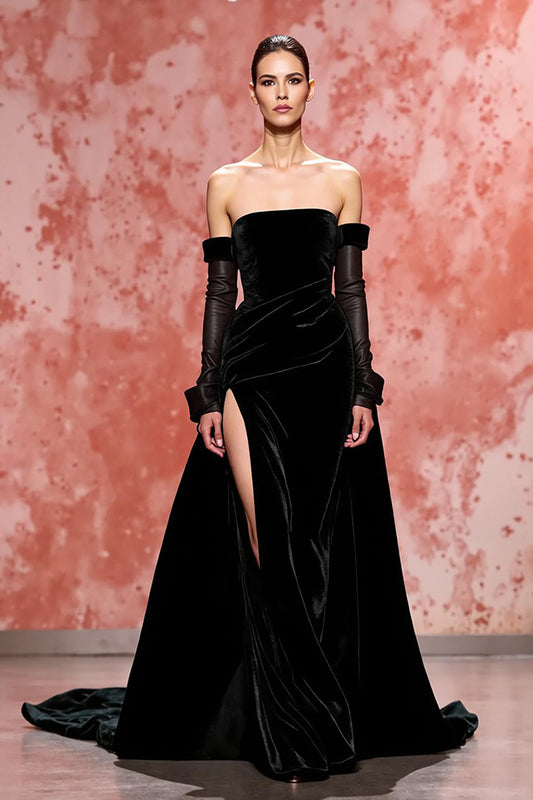 Black A Line Strapless Long Velvet Evening Dress with Slit