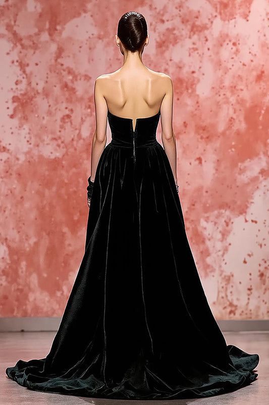 Black A Line Strapless Long Velvet Evening Dress with Slit