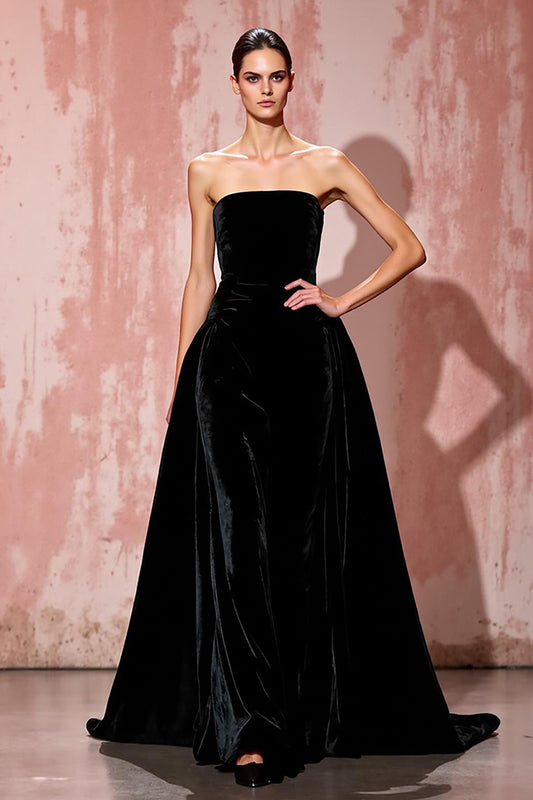 Simple Black Strapless A Line Long Velvet Evening Dress