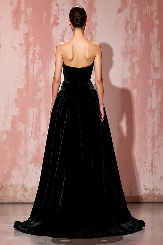 Simple Black Strapless A Line Long Velvet Evening Dress