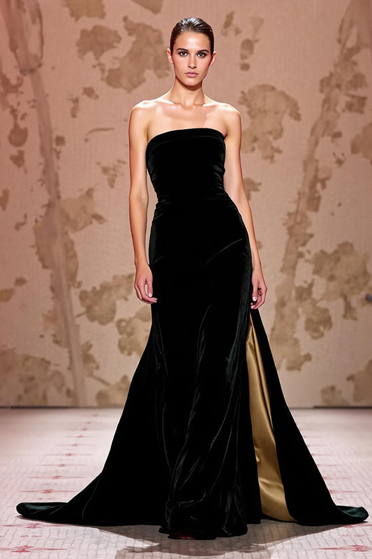 Simple Velvet Black Strapless Long Evening Dress with Slit