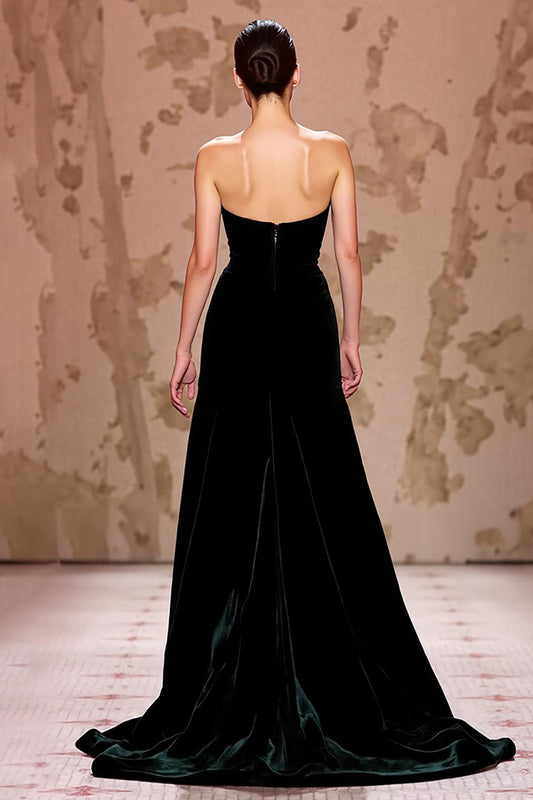 Simple Velvet Black Strapless Long Evening Dress with Slit