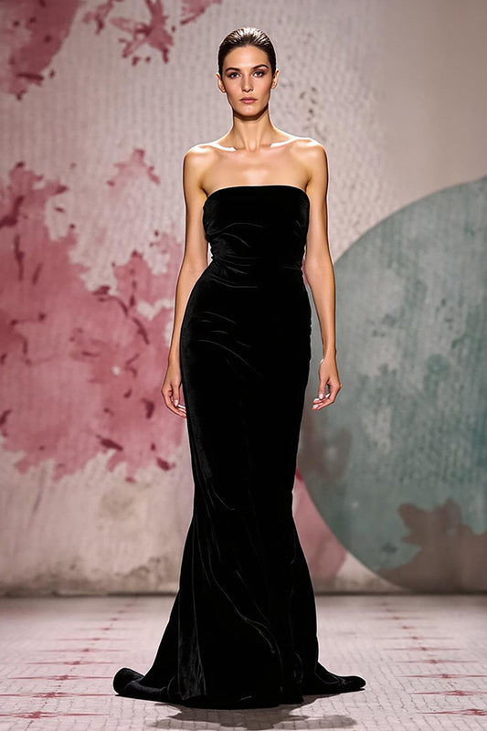 Simple Black Velvet Strapless Mermaid Long Evening Dress