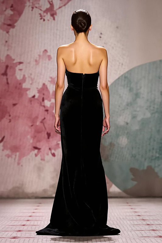 Simple Black Velvet Strapless Mermaid Long Evening Dress