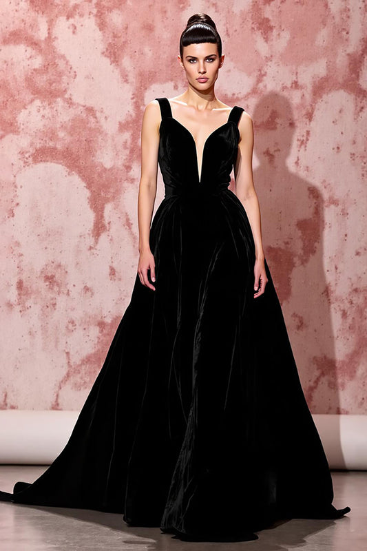 Simple Black A Line Velvet Long Evening Dress
