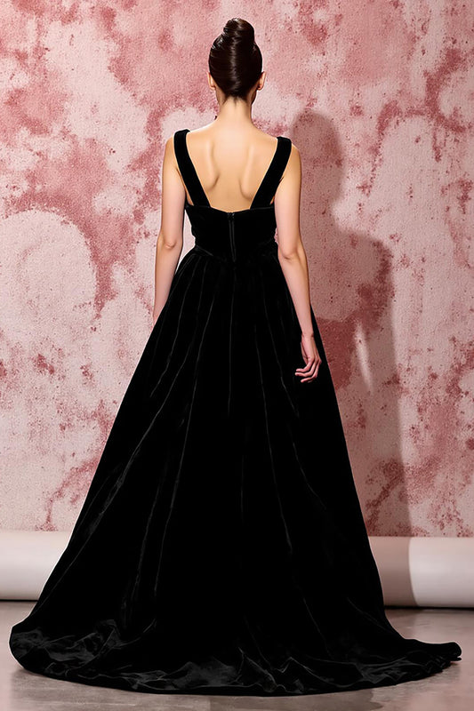 Simple Black A Line Velvet Long Evening Dress