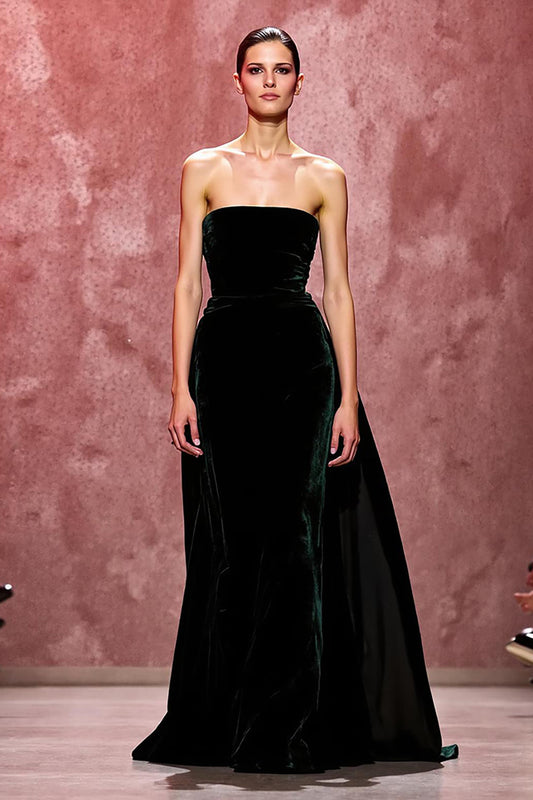 Simple Dark Green Strapless Velvet Long Evening Dress