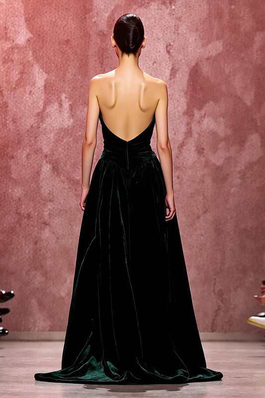 Simple Dark Green Strapless Velvet Long Evening Dress