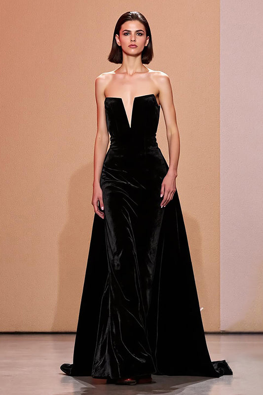 Simple Black Velvet Long Strapless Evening Dress