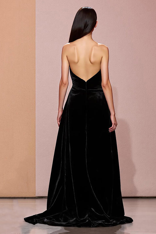 Simple Black Velvet Long Strapless Evening Dress