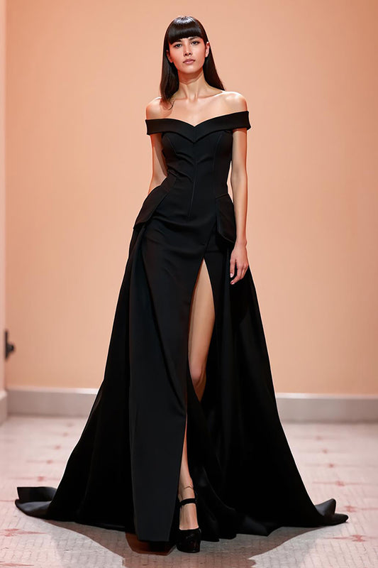 Black Corset Off the Shoulder Long Evening Dress with Slit