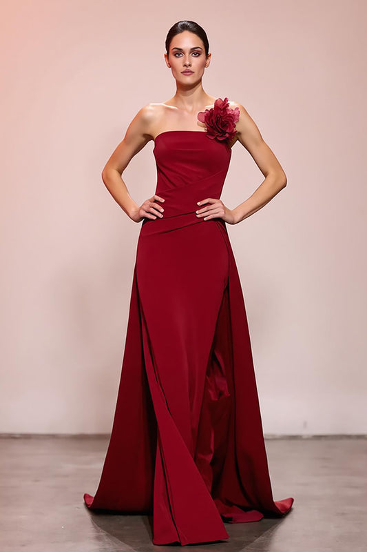 Red Floral Satin Sheath Strapless Ruched Long Evening Dress
