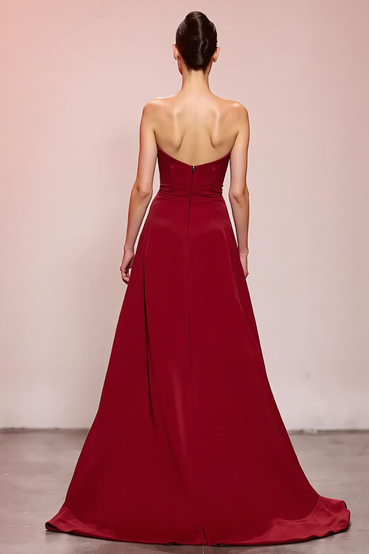 Red Floral Satin Sheath Strapless Ruched Long Evening Dress