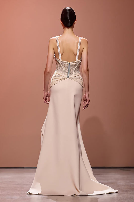 Sparkly Champagne Sheath Deep V-Neck Ruched Long Evening Dress