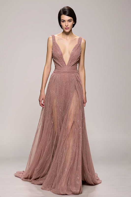 Sparkly Pink Deep V-Neck Ruched Long Evening Dress
