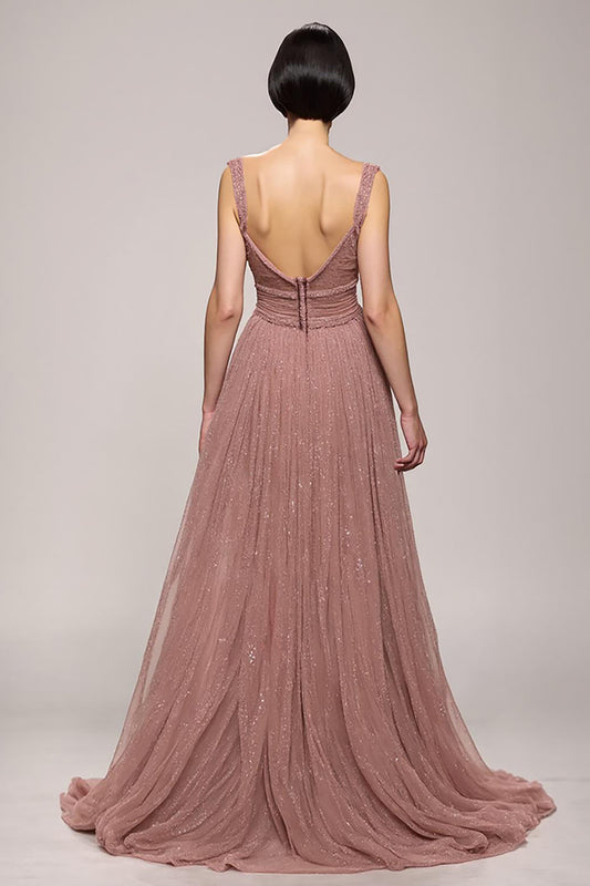 Sparkly Pink Deep V-Neck Ruched Long Evening Dress