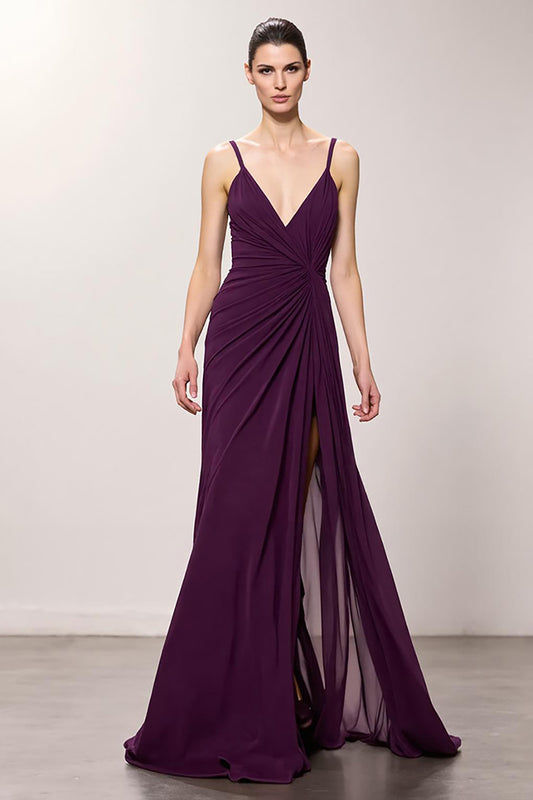 Purple Sheath Ruched Chiffon Long Evening Dress with Slit