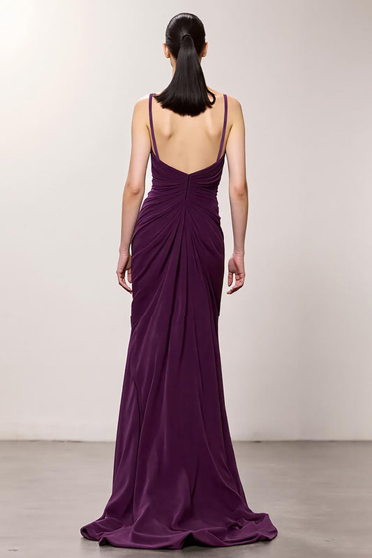 Purple Sheath Ruched Chiffon Long Evening Dress with Slit