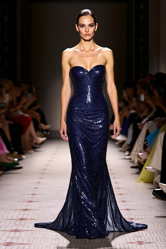 Sparkly Navy Sequin Sweetheart Mermaid Long Evening Dress