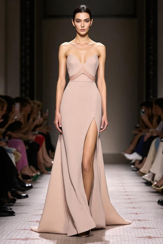Simple Champagne Satin Sheath Strapless Long Evening Dress with Slit
