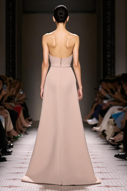 Simple Champagne Satin Sheath Strapless Long Evening Dress with Slit