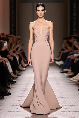 Simple Champagne Mermaid Backless Strapless Long Evening Dress