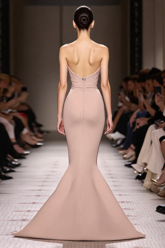 Simple Champagne Mermaid Backless Strapless Long Evening Dress