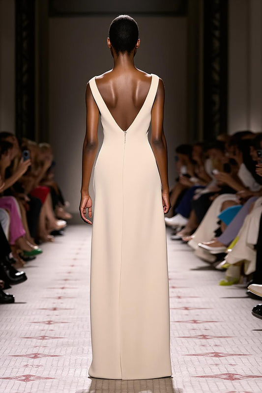 Simple Ivory V-Neck Sheath Satin Backless Long Evening Dress