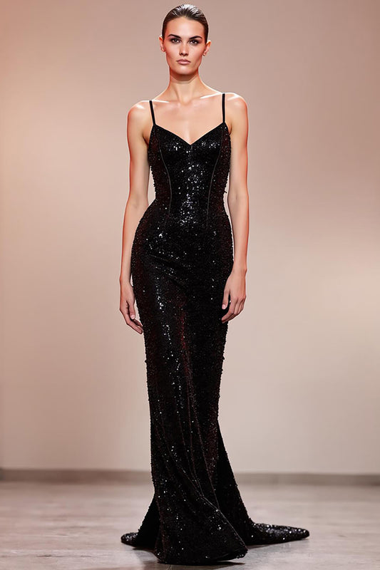 Sparkly Black Sequin Mermaid Corset Long Evening Dress