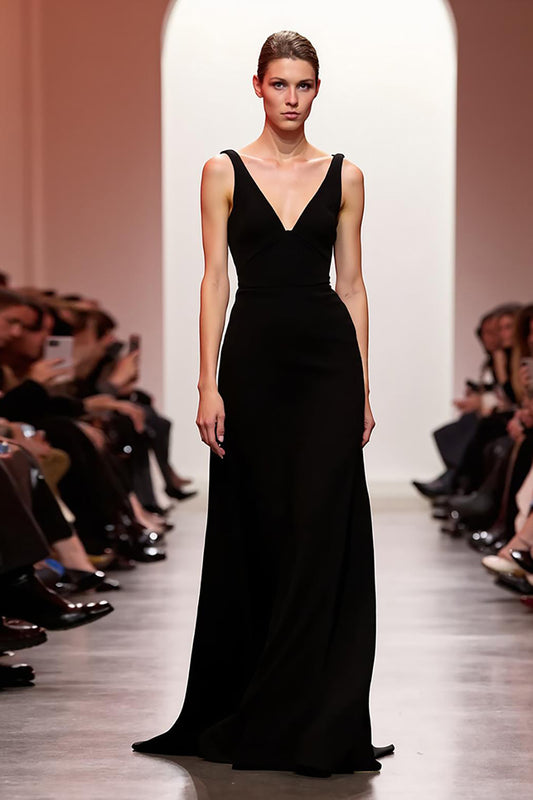 Simple Black Backless V-Neck Sheath Long Evening Dress