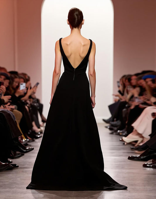 Simple Black Backless V-Neck Sheath Long Evening Dress