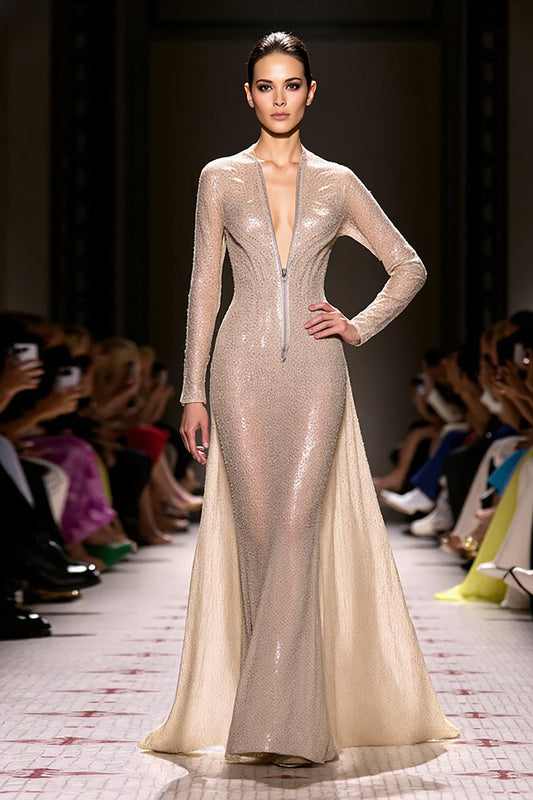 Sparkly Champagne Mermaid Long Sleeves Evening Dress with Zippers