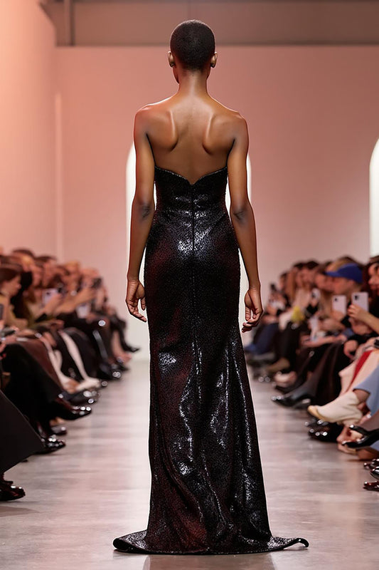 Sparkly Black Sequin Mermaid Strapless Long Evening Dress