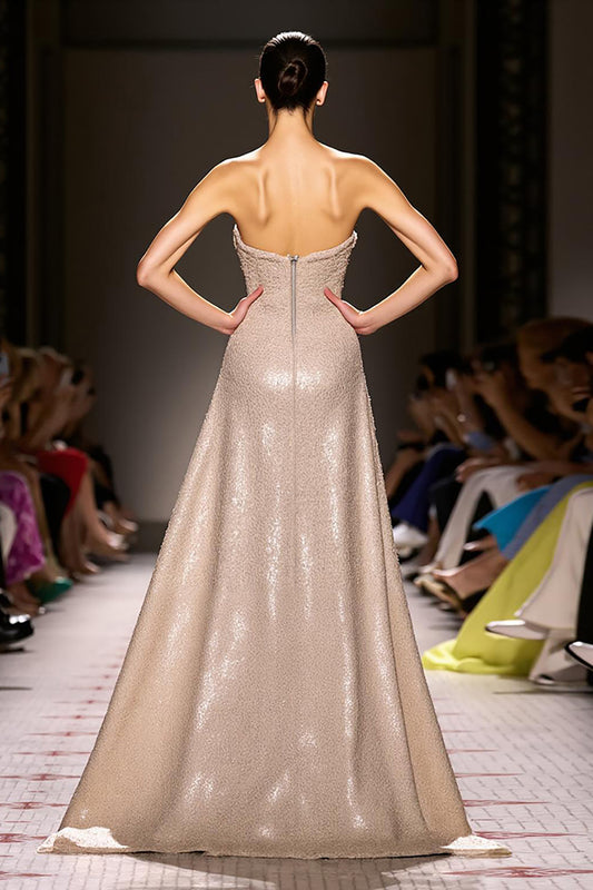 Sparkly Champagne Sheath Strapless Long Evening Dress