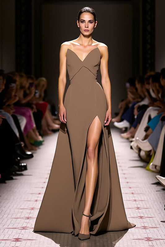 Simple Coffee Satin Sheath Strapless Long Evening Dress with Slit