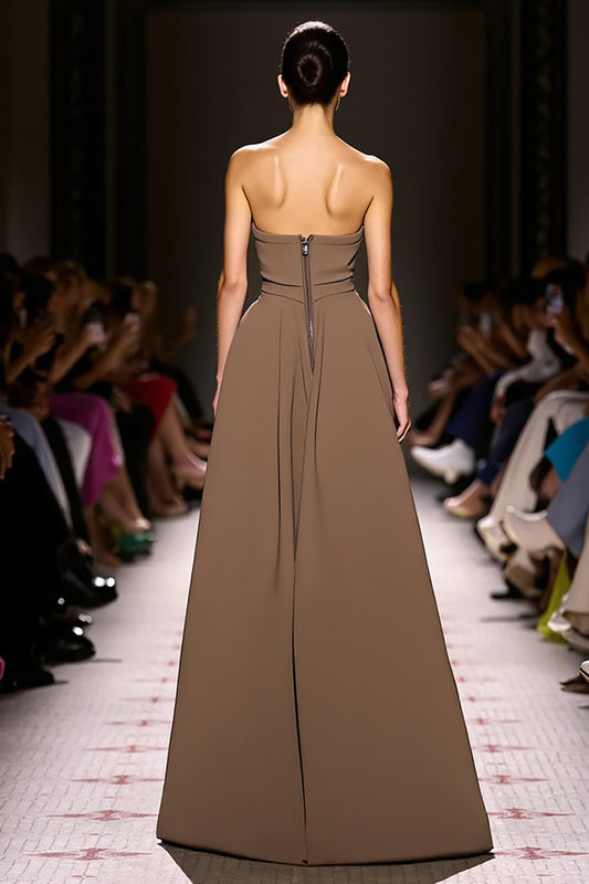 Simple Coffee Satin Sheath Strapless Long Evening Dress with Slit